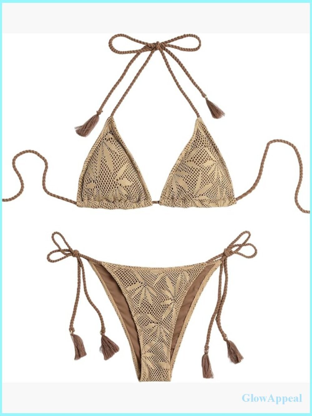Knitted Rope Halter Bikini Set Side Tie Thong Bottom